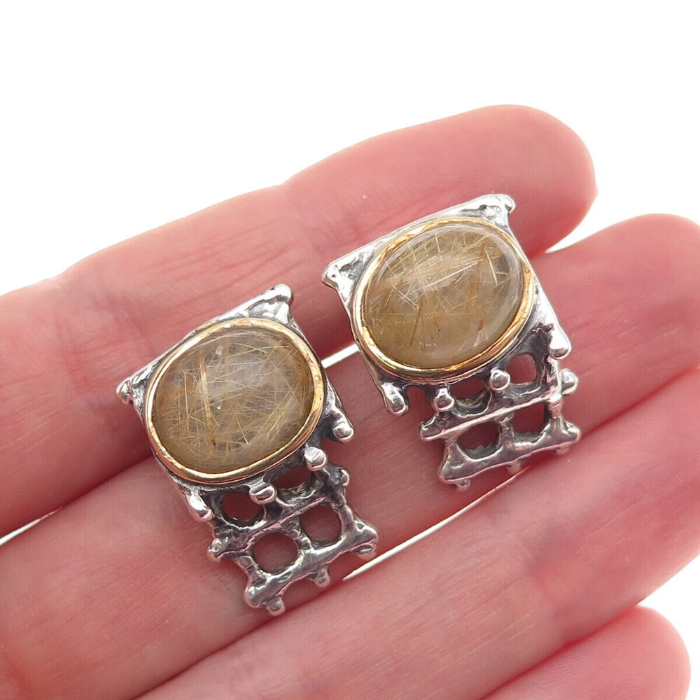 925 Sterling Silver 14K Gold Vintage Real Rutilated Quartz Modernist Earrings